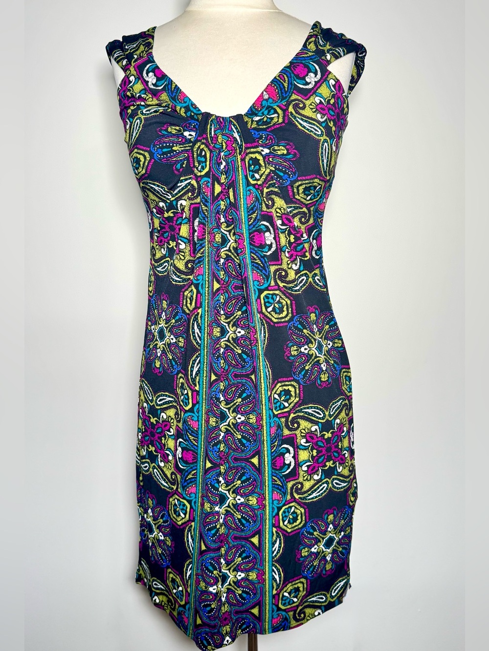 London Times 8 Slinky Paisley Sheath Dress Pink Lime Teal Stunning Colorful